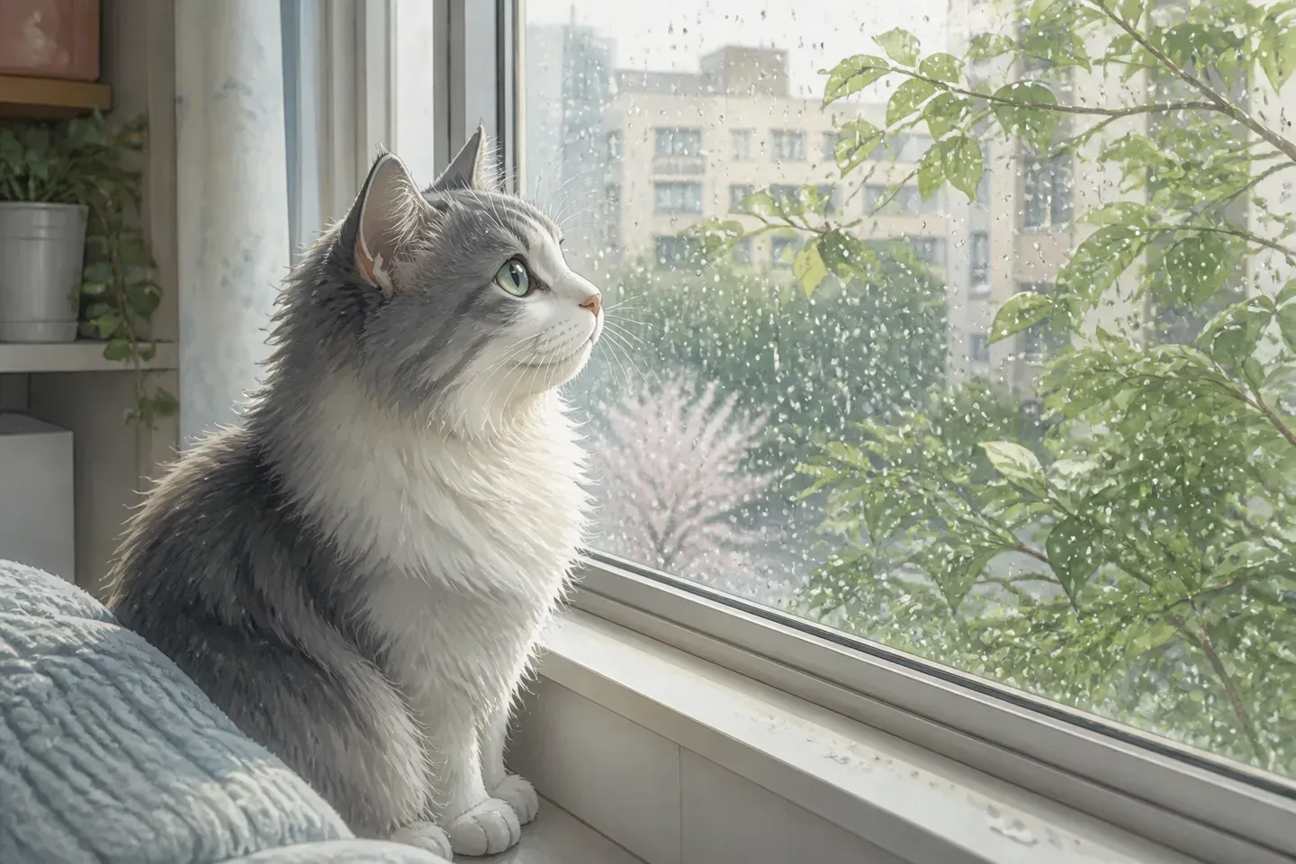 编辑插画：cat-window-rain