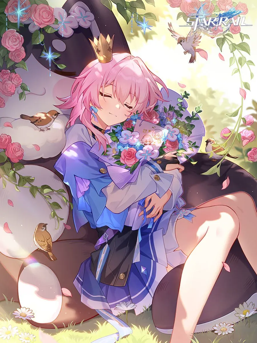 三月七抱着花束在春日花园中小憩