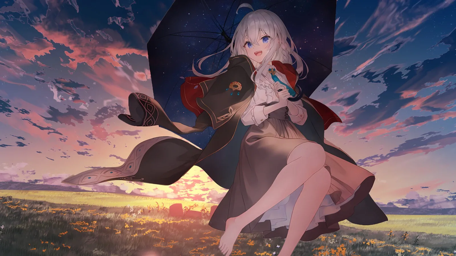 夕阳原野中撑伞的伊蕾娜近景
