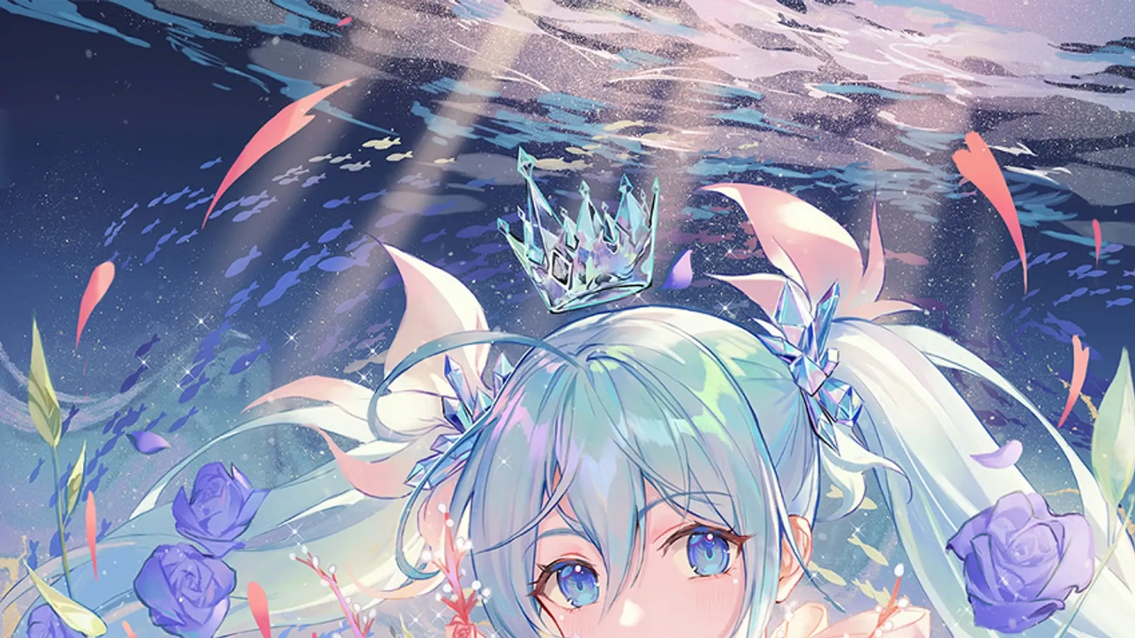 初音未来抱着花束的蓝紫色人物插画