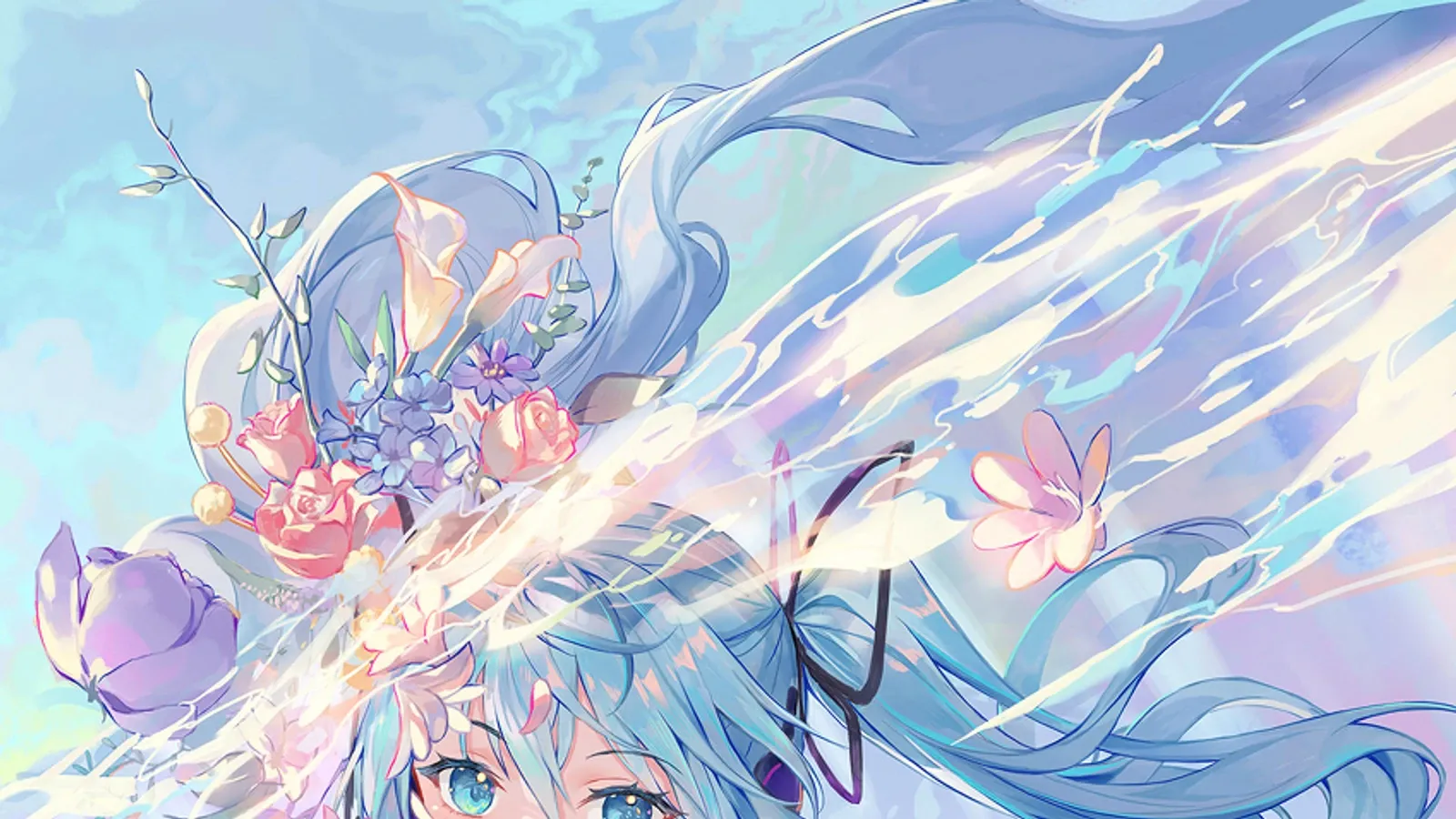 初音未来与粉色丝带和花朵的清透插画