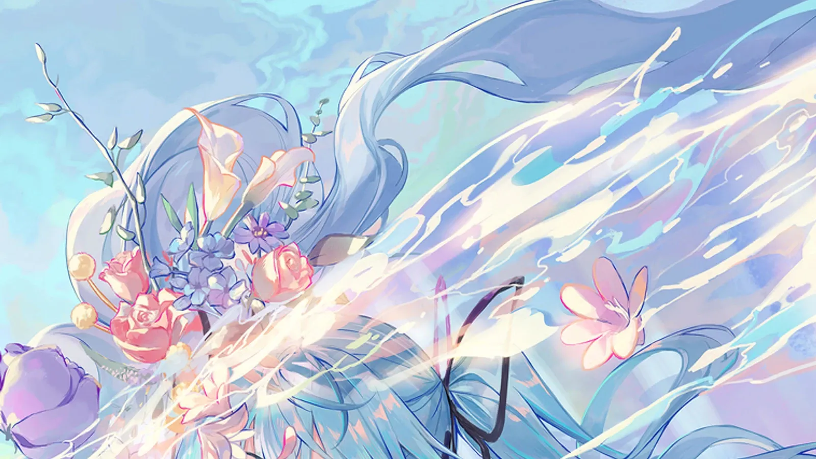 初音未来与花朵和粉色丝带的近景插画