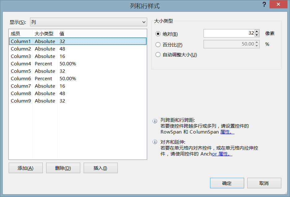 TableLayoutPanel 行列样式